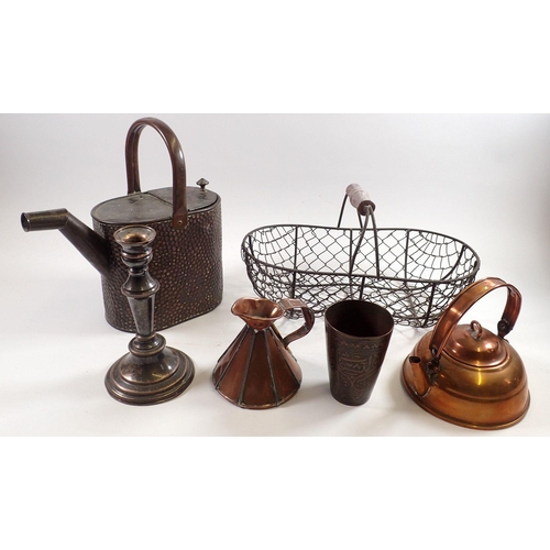 892 - An antique wire vegetable basket, a Victorian copper jug with stamped marks and other metalware