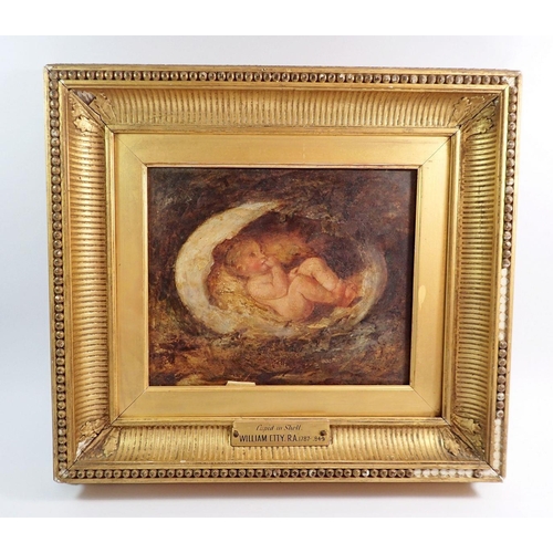 893 - William Etty (RA 1787-1849) - oil on board 'Cupid in Shell' depicting a new born baby cupid lying in... 