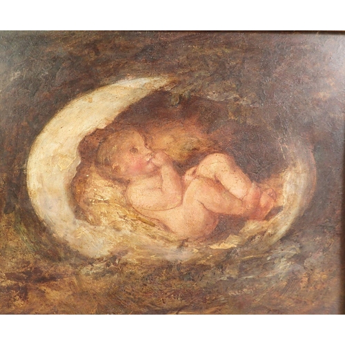 893 - William Etty (RA 1787-1849) - oil on board 'Cupid in Shell' depicting a new born baby cupid lying in... 