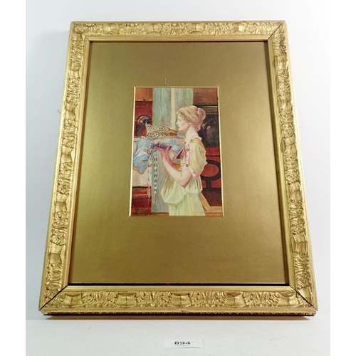 894 - A Pre-Raphaelite watercolour of a woman carrying a crown on a cushion, signed indistinctly, 18 x 12c... 