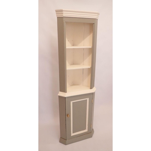 914 - A Victorian small painted pine corner cabinet, two shelves over cupboard, 34 x 34 x 75cm high