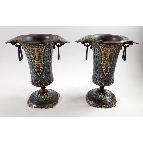 934 - A pair of 19th century cloisonne enamel urns, 24cm tall