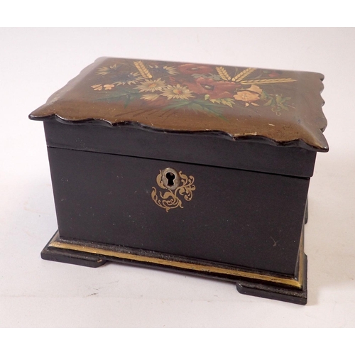 943 - A Victorian lacquer tea caddy painted meadow flowers and wheat, 17cm wide