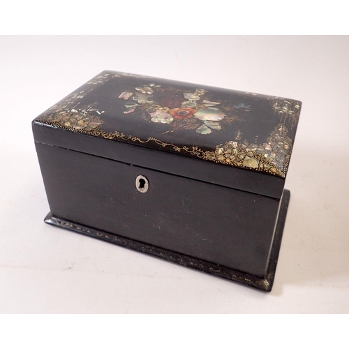 944 - A Victorian lacquer and mother of pearl tea caddy with floral decoration, fitted two lidded caddies ... 