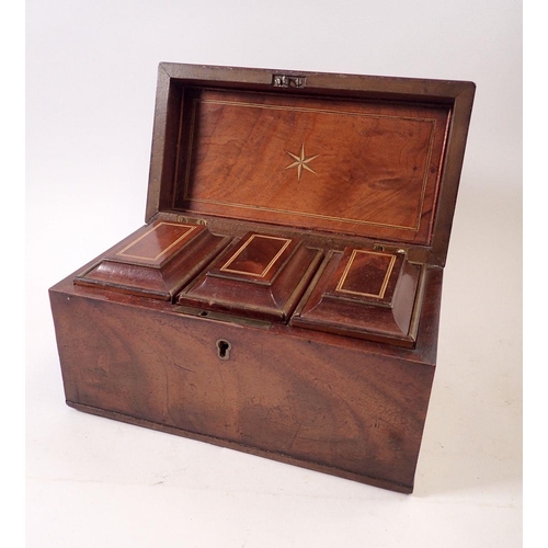 945 - A George III mahogany tea caddy with bone finial and three interior caddies, 24cm wide