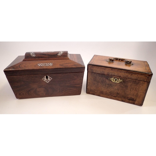 947 - A Victorian rosewood and mother of pearl sarcophagus form tea caddy (lacking interior) 30cm wide and... 