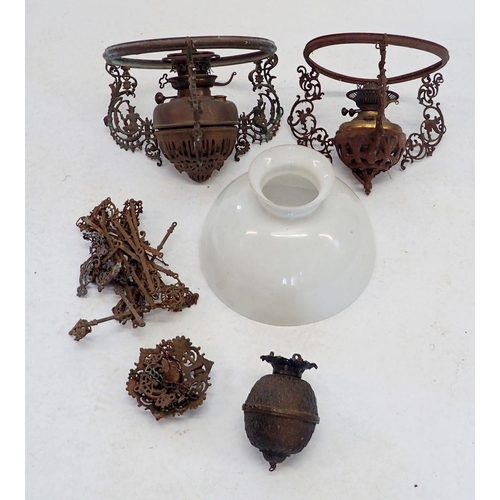 959 - Two large Victorian copper and brass hanging oil lamps - a/f, one with glass shade plus a rise and f... 