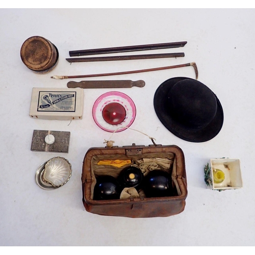 960 - A rectangular marble paperweight, bowler hat, collar box, three bowls and other miscellaneous items