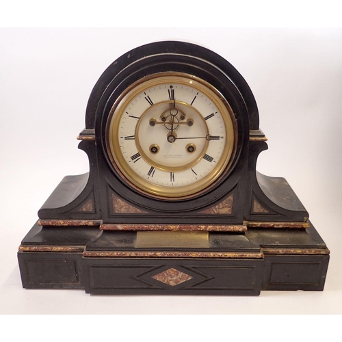 967 - A Victorian large black slate and red marble mantel clock with visible escapement by Ollivant & Bots... 