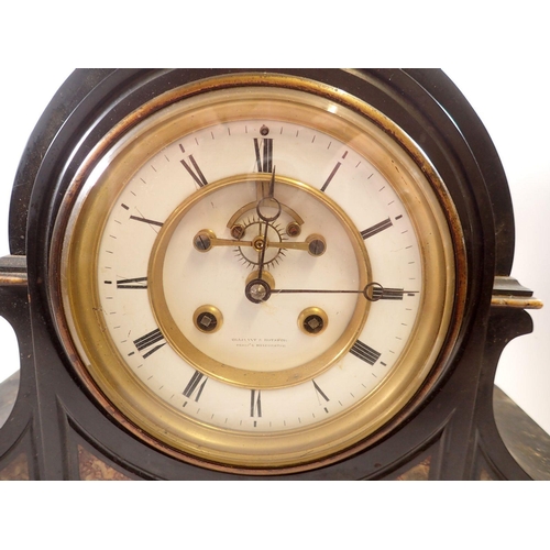 967 - A Victorian large black slate and red marble mantel clock with visible escapement by Ollivant & Bots... 