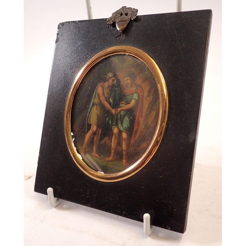 970 - A 19th century oil on panel miniature of David and Jonathan inscribed verso, 9 x 7cm in ebony frame