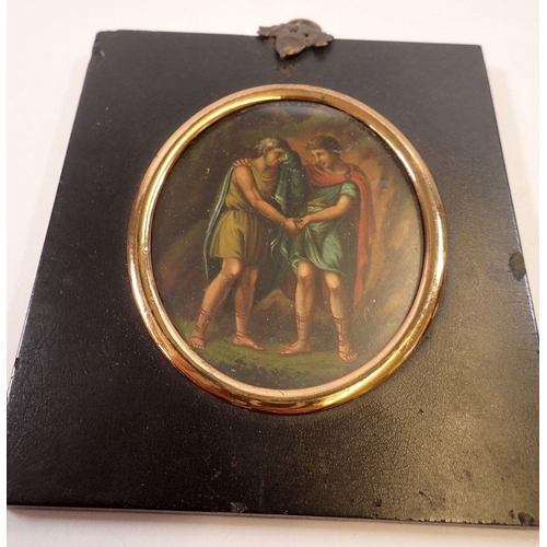 970 - A 19th century oil on panel miniature of David and Jonathan inscribed verso, 9 x 7cm in ebony frame