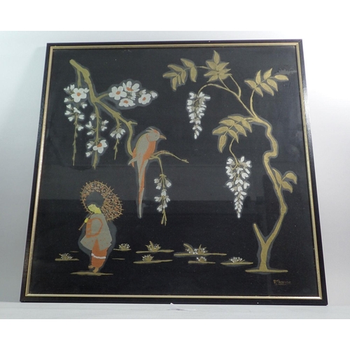 995 - A Japanese painted silk picture of woman with parasol under flowering trees and bird, signed R Thors... 