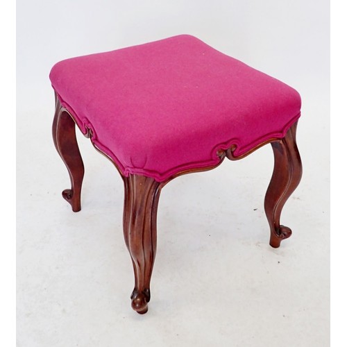 1134A - A Victorian mahogany stool on carved cabriole supports, upholstered in pink, seat 42 x 46cm