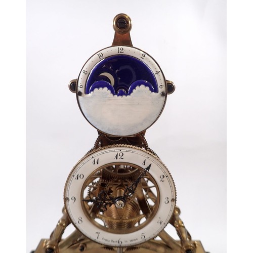 874 - An eight day skeleton clock with fusee movement and enamelled dials, including moonphase dial, signe... 