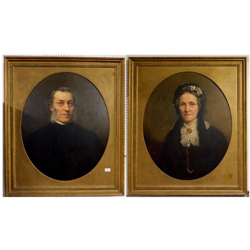 861 - A good pair of 19th century oil on canvas portraits of a gentleman and his wife, in later gilt frame... 