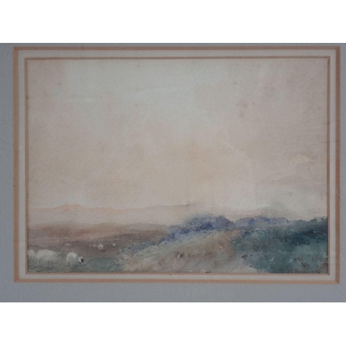 1052 - P Wilson Steer - watercolour landscape with sheep, signed, 14.5 x 21cm