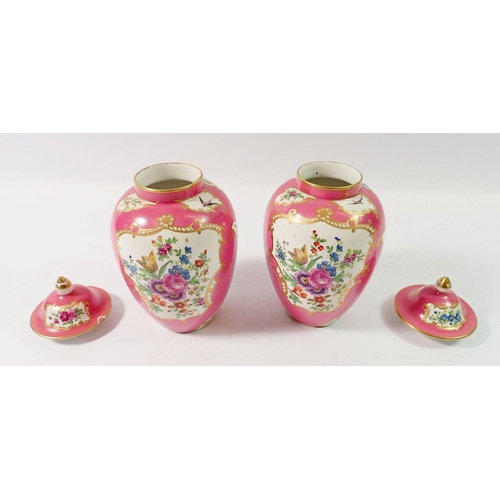 111 - A pair of Sevres style small porcelain vases and covers painted exotic birds, 17cm tall