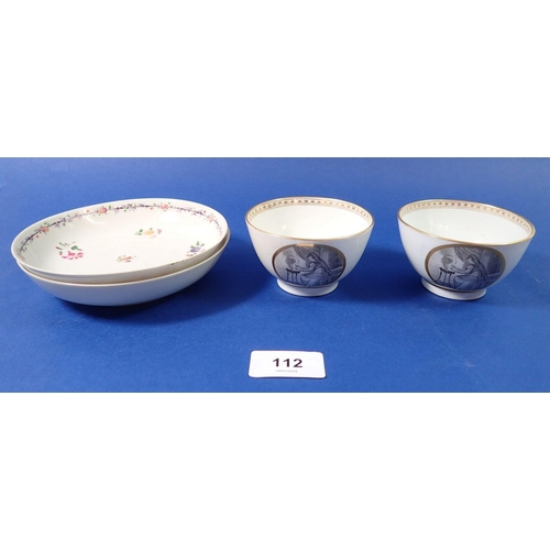 112 - Two early 19th century porcelain tea bowls decorated en grisaille depicting a woman warming her hand... 