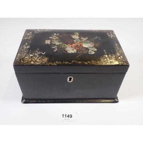 1149 - A Victorian lacquer and mother of pearl tea caddy with floral decoration, fitted two lidded caddies ... 