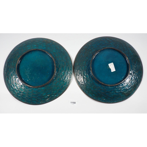 1150 - A pair of Japanese cloisonne chargers decorated birds and flowering branches, 30cm diameter