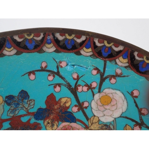 1150 - A pair of Japanese cloisonne chargers decorated birds and flowering branches, 30cm diameter