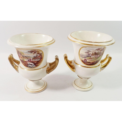 117 - A pair of early 19th century urn form Derby vases by William Billingsley, painted landscapes on a wh... 