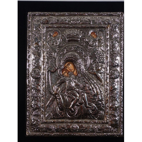 1191 - A reproduction icon of mother and child, 36 x 26cm and a silver plated one