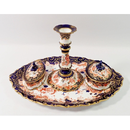 120 - An Edwardian Royal Crown Derby Imari part dressing table set comprising candlestick tray and two tri... 