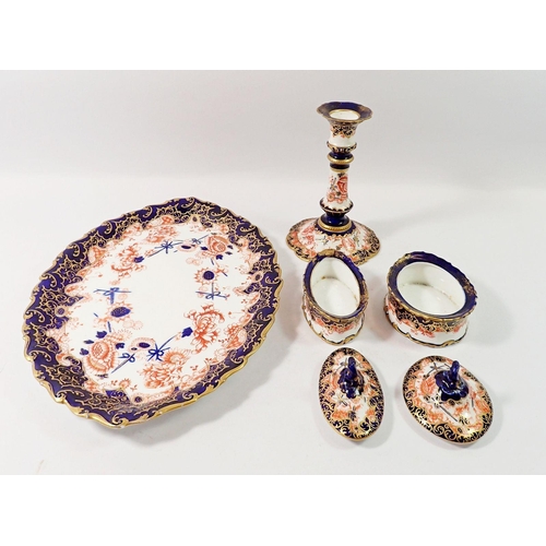 120 - An Edwardian Royal Crown Derby Imari part dressing table set comprising candlestick tray and two tri... 