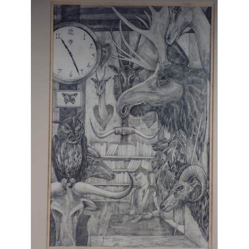 1210 - James Higgins - pencil drawing man in library with taxidermy, 57 x 38cm