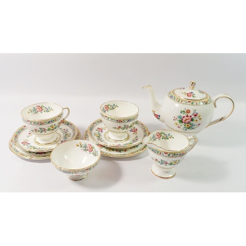 123 - A Foley Ming Rose bachelor tea service comprising teapot, sugar, jug, two cups and saucers and two t... 