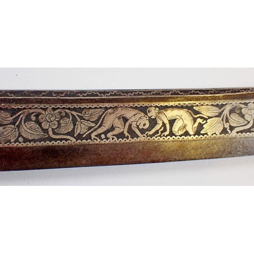 1232 - An antique Burmese sword or dha, the singe edge carved blade with foliage, floral and animal decorat... 