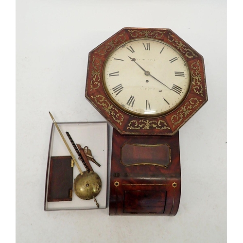 1237 - A 19th century mahogany octagonal drop dial wall clock with brass inlay, key and pendulum, 70 x 40cm