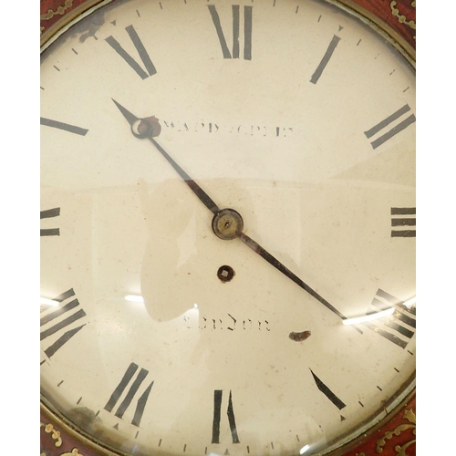 1237 - A 19th century mahogany octagonal drop dial wall clock with brass inlay, key and pendulum, 70 x 40cm