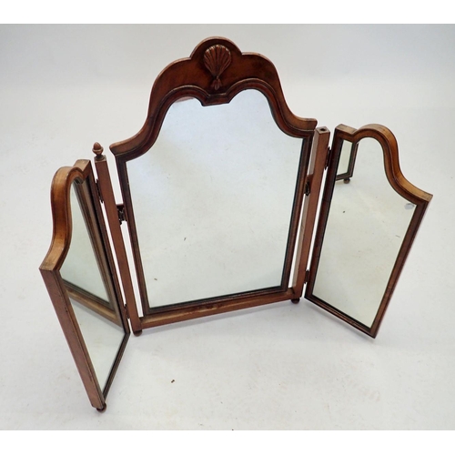 1240 - A walnut triple frame mirror with shell motif, 66cm tall, one foot missing