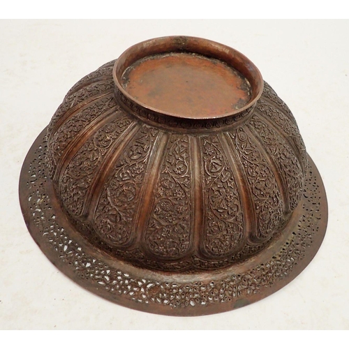 1252 - A large Indian copper brazier bowl with pierced rim and cast floral decoration, 40.5cm diameter