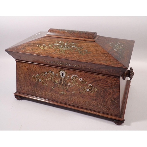 1257 - A 19th century fine rosewood sarcophagus form tea caddy with brass and mother of pearl inlay, fitted... 