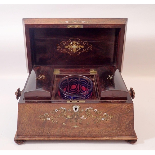 1257 - A 19th century fine rosewood sarcophagus form tea caddy with brass and mother of pearl inlay, fitted... 