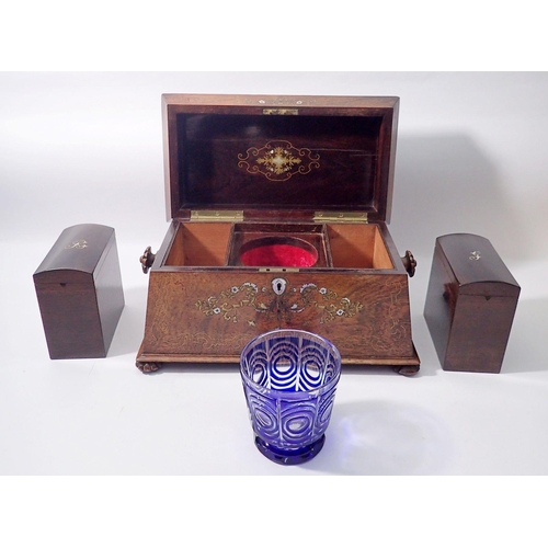 1257 - A 19th century fine rosewood sarcophagus form tea caddy with brass and mother of pearl inlay, fitted... 