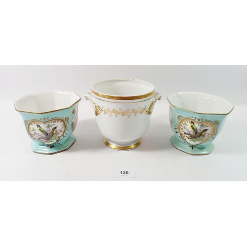 126 - Two Orchid planters painted birds and a gilt planter 11cm high