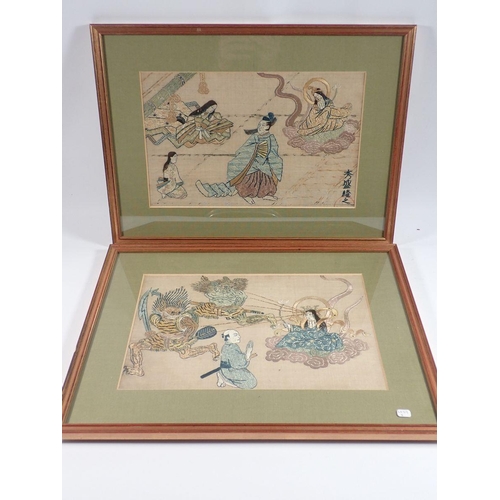 1297 - A pair of Japanese embroidered pictures in the style of Moronobu of the Goddess Mwaunm, 21 x 34cm