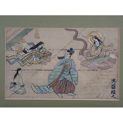 1297 - A pair of Japanese embroidered pictures in the style of Moronobu of the Goddess Mwaunm, 21 x 34cm