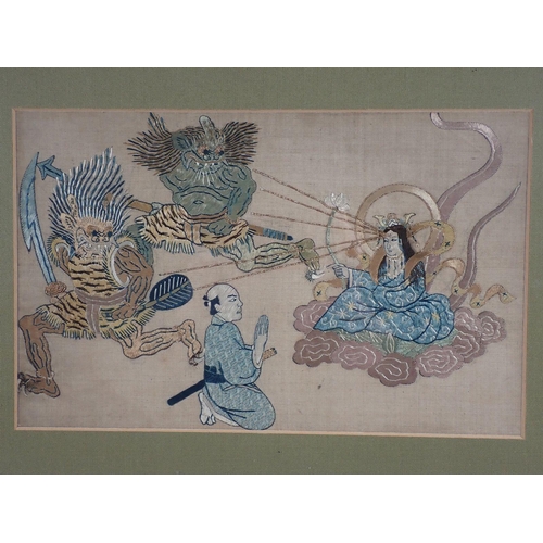 1297 - A pair of Japanese embroidered pictures in the style of Moronobu of the Goddess Mwaunm, 21 x 34cm