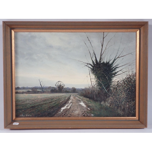 1302 - Geoffrey Flat - oil on board winter landscape, 24 x 34cm