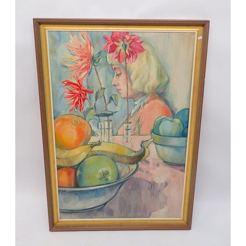 1305 - John Hirst - oil on board girl with fruit and flowers, signed and dated '58, 91 x 60cm