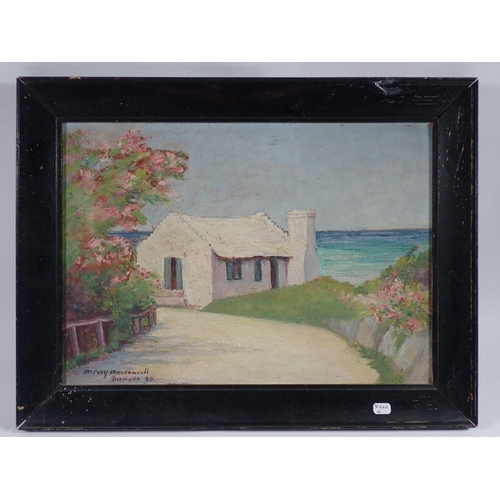 1306 - M Cory Macconnill - oil on artists board cottage in Bermuda 1934 24 x 34cm