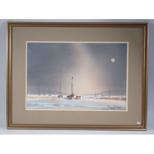 1318 - Bryan Thatcher - watercolour East Coast beach scene with boats, 30 x 45cm