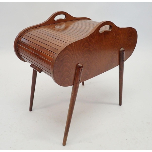 1323 - A vintage tambour topped sewing table with two interior trays