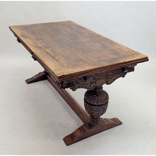 1332 - An oak Elizabethan style drawleaf refectory table on large carved cup and cover supports, 151 x 86cm... 